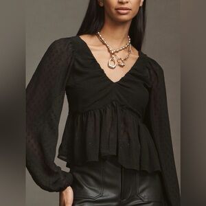 Anthropologie Black Sheer Peplum V-Neck Blouse Size Small NWT Reg Price $98
